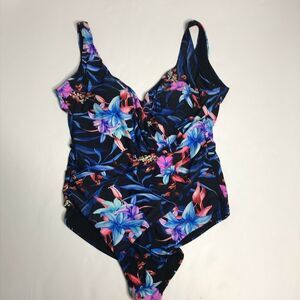 Heat Tropical Floral Print One Piece SwimSuit Size XL Black Blue Flattering